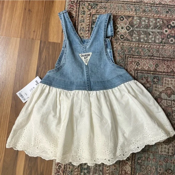 Oshkosh B’Gosh Girls Overall Jean White Cotton Eyelet Dress NWT Size 3T - Picture 5 of 8